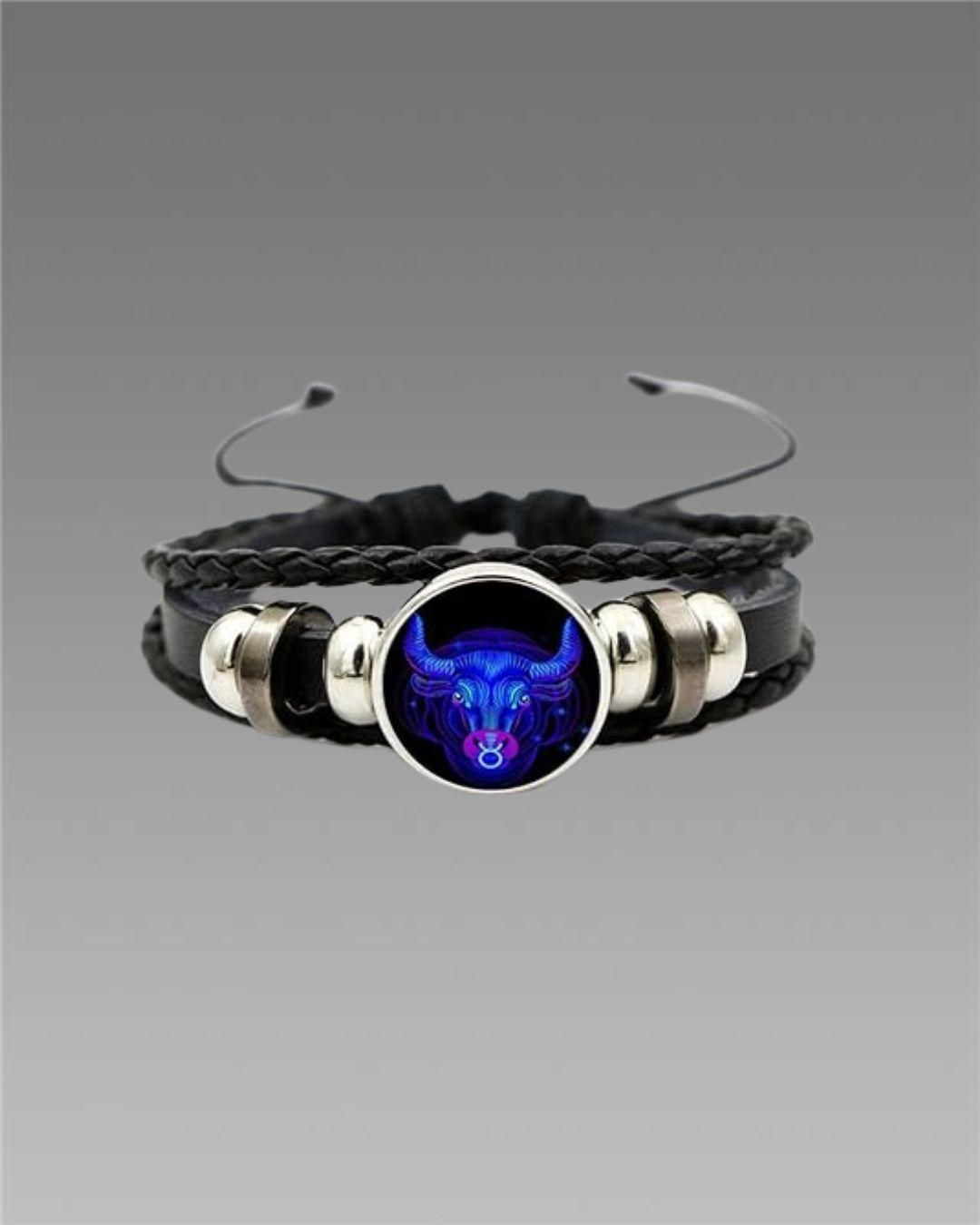 Zodiac Adjustable Black Leather Bracelet